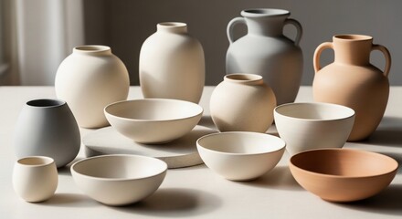 A collection of various ceramic vases and bowls in neutral tones, arranged on a flat surface.
