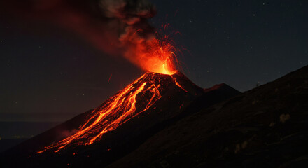 Fiery spectacle of a powerful volcano erupting under the night sky, with incandescent lava flowing down its slopes