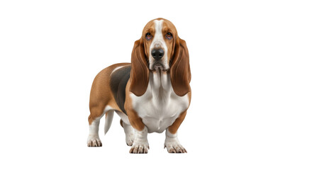Isolated Basset Hound standing facing forward looking at viewer in a studio, no background