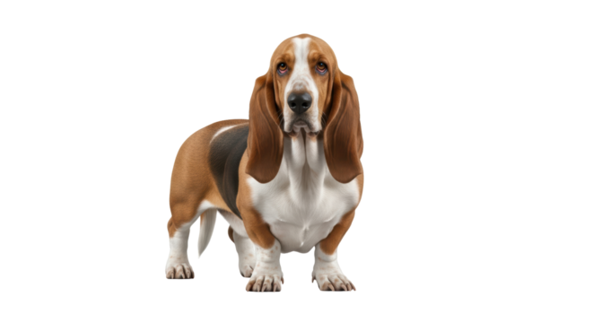 Isolated Basset Hound standing facing forward looking at viewer in a studio, no background