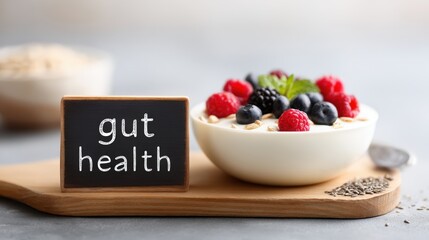 Healthy breakfast bowl featuring yogurt topped with fresh berries and a chalkboard sign reading gut health, emphasizing nutritious eating and wellness lifestyle choices