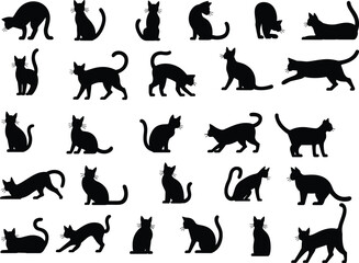 Cat silhouettes, black cats, feline poses, animal icons, vector grid, sitting cat, walking cat, jumping cat, grooming cat, pet illustration