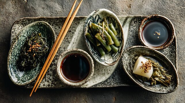 Traditional Japanese pickled vegetables tsukemono served small ceramic dishes minimal flat lay food photography