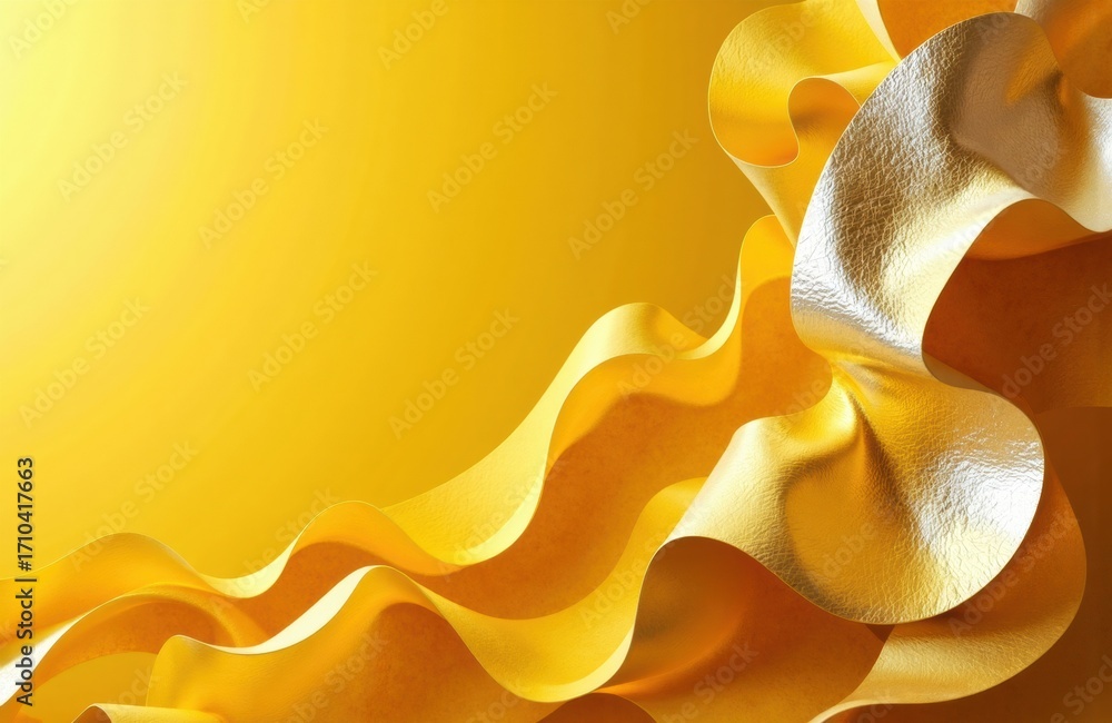 Poster golden metallic ribbons flowing in a dynamic wave pattern against a bright yellow background