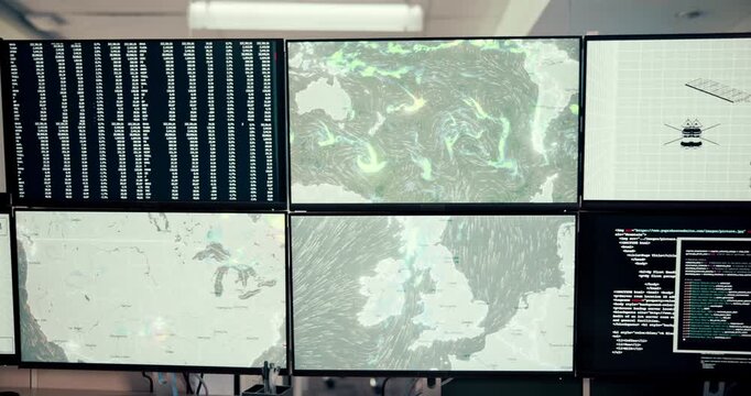 Computer, screen and data with map, satellite and broadcast for news research. Ecology, AI training and weather science with forecast code for study report, meteorology update and climate change