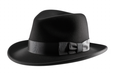 Elegant black fedora hat with ribbon and bow isolated on a transparent background.