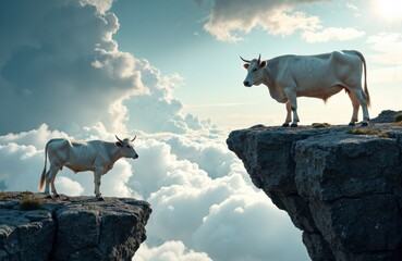 Two cows standing on separate rocky cliffs with a cloudy sky and sunlight in the background