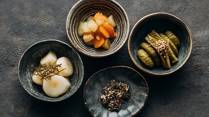Traditional Japanese pickled vegetables tsukemono served small ceramic dishes minimal flat lay food photography