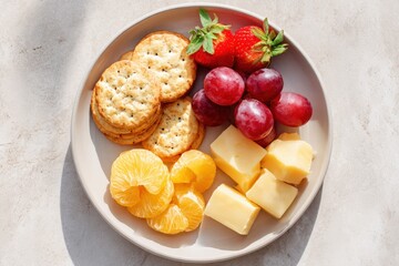 Colorful plate featuring assorted snacks including crackers, grapes, strawberries, cheese cubes, and orange slices, beautifully arranged for a delightful culinary experience