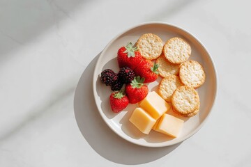 Fresh strawberries, blackberries, and cheese cubes arranged on a white plate with crispy crackers, illuminated by soft natural light, creating an inviting snack scene