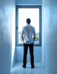 Imagen corporativa de un empresario de espaldas mirando un paisaje desenfocado desde una ventana, evocando expansión de marca, estrategia empresarial y visión corporativa hacia el futuro