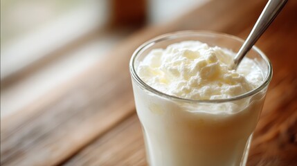 Creamy yogurt in a clear glass with a spoon resting on the edge, set against a rustic wooden table, showcasing a delicious and healthy dairy product