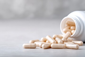 White bottle of dietary supplements with capsules spilling out onto a light surface, showcasing health and wellness products in a clean, minimalist setting