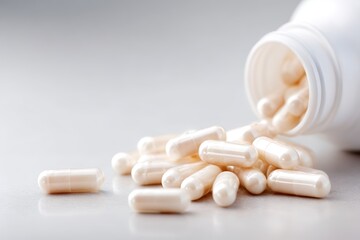 White capsules spilling from a plastic bottle onto a smooth surface, showcasing the pharmaceutical product in a clean and minimalistic setting, ideal for health and wellness concepts