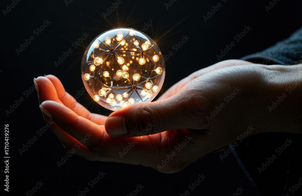 Poster a person holds a glowing glass sphere filled with interconnected light points in a dark setting