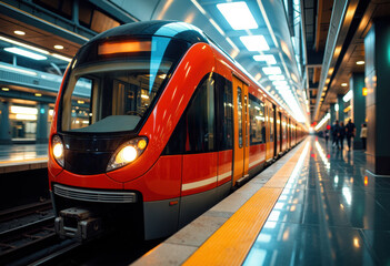 Modern orange and black subway train arriving at underground station with bright lighting and reflective surfaces