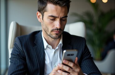 A man in a business suit using a smartphone in an indoor setting