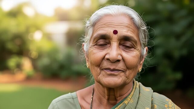 Portrait Of An Elderly Woman Outdoors In Sunlight Green Saree And Red Bindi With Happy Expression