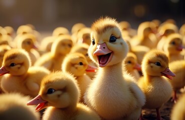 A group of fluffy ducklings with one cheerful duckling in the center