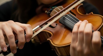 Fototapeta premium Person Playing Wooden Violin with Focused Hands in Close Up Scene