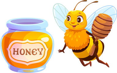 Cartoon honey bee character flying near honey jar with wooden dipper in hand. Vector apiary mascot with smiling face and blue wings. Funny insect for beekeeping, sweet product and flower garden