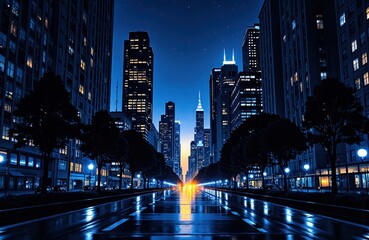 Obraz premium City street at night with illuminated skyscrapers and reflections on wet pavement