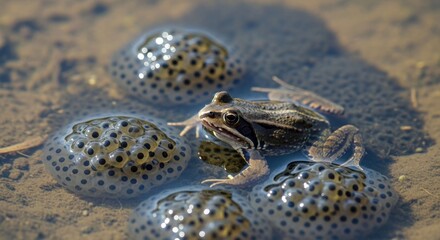 Frog guarding its eggs in shallow water