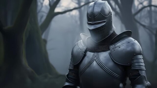 Medieval knight standing guard in misty forest, fantasy concept. Full plate armor, strong warrior, protection, courage. Ideal for historical film, game, fantasy, mythology projects.