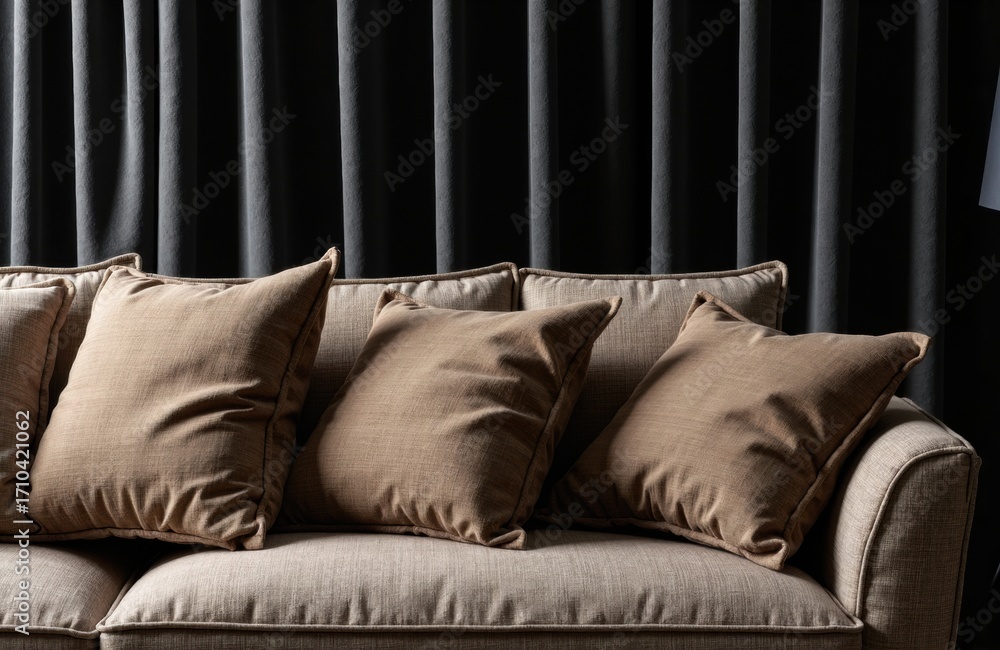 Poster a beige sofa with matching cushions positioned in front of dark curtains creating a cozy interior se
