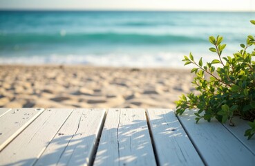 Obraz premium A wooden deck overlooking a sandy beach with calm ocean waves and clear sky