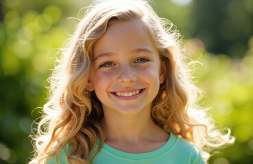 Woman smiling outdoors in bright sunlight with blurred green background