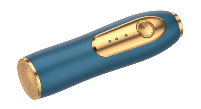 Isolated skin care gadget in blue and gold with activation button for beauty treatment
