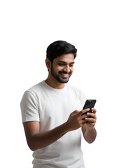 Smiling man uses phone with transparent background. Portrait for posters, branding, product photography, and marketing.
