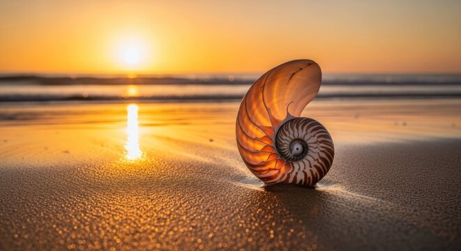 Golden seashell on beach at sunrise