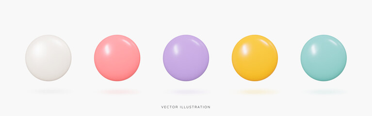 3D Glossy sphere balls in pastel colours icon set. Colourful geometric round figure with shadow. Circle shape. Cartoon design icons isolated on white background. 3D Vector illustration