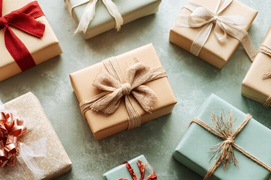 Collection of Wrapped Gift Boxes in Pastel Colors with Decorative Ribbons, Perfect for Celebrations, Birthdays, and Holidays, Concept of Festivities and Gift Giving