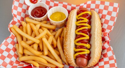 A classic American meal of a hot dog with ketchup and mustard, served with a generous portion of french fries and two dipping sauces.