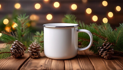 White Enamel Mug On Wooden Table Surrounded By Pine And Lights