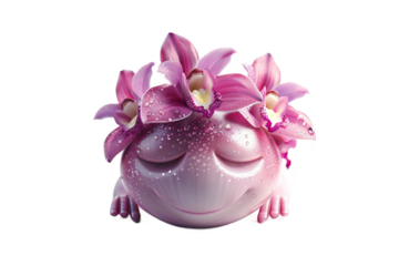 Cute pink creature with orchid flower crown isolated on white background