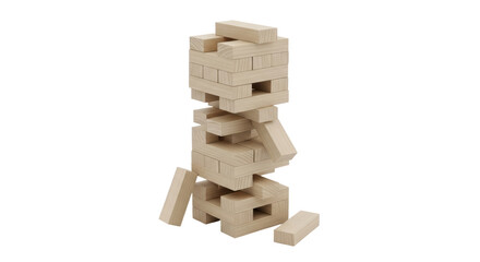 Isolated Jenga tower collapses during play, suspenseful balance game for family fun