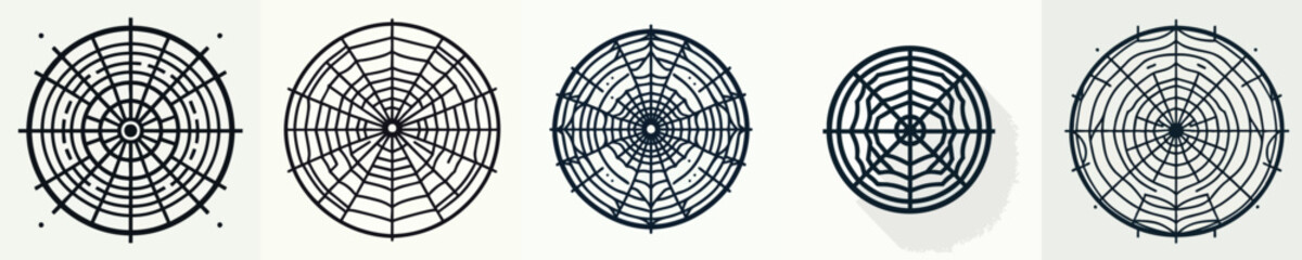 Obraz premium Geometric Spider Web Vector Set – Creepy Halloween Cobweb Round Icons
