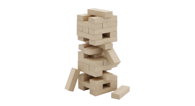 Isolated Jenga tower collapses during play, suspenseful balance game for family fun