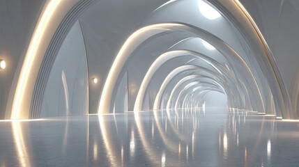Futuristic Tunnel with Neon Lights Creating Circular Patterns on the Floor