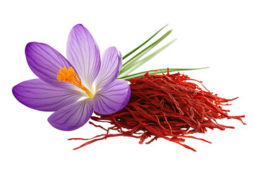Saffron spice with crocus flower showing the vivid colors and texture on transparent background