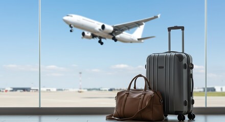 A suitcase and travel bag rest in an airport terminal with a large passenger airplane taking off outside the window.
