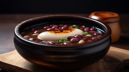 Zenzai Japanese red bean soup grilled mochi floating inside served hot in lacquer bowl