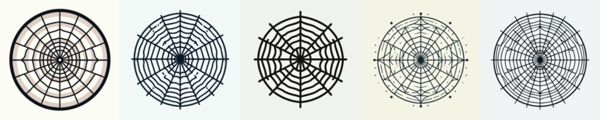 Obraz premium Round Spider Web Vector Collection – Creepy Halloween Cobweb Line Art