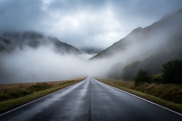 Fototapeta premium Scenic mountain road winding through foggy landscape, adventurous travel theme capturing nature’s mystery, beauty, and breathtaking atmosphere.