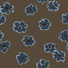 Simple seamless pattern with modern stylized blue flowers on a brown background. Minimalist and...