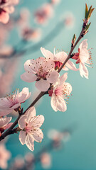 Close-up of peach or apricot blossom clusters against turquoise sky.